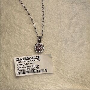 Moissanite Sakura Pink Halo Pendant Necklace - 1.0ct  18” Sterling Silver Chain